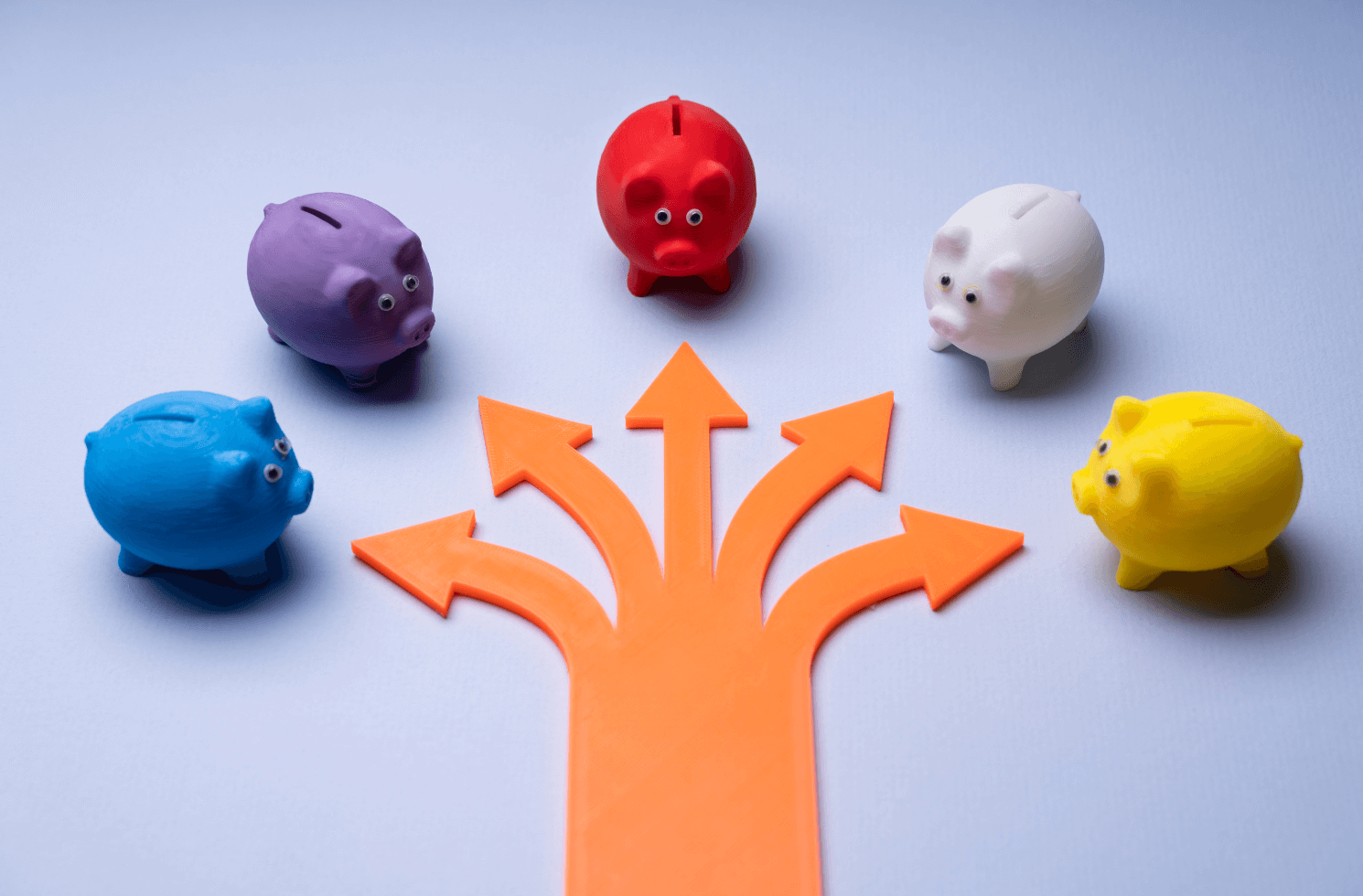 Five arrows pointing at five piggy banks representing work options